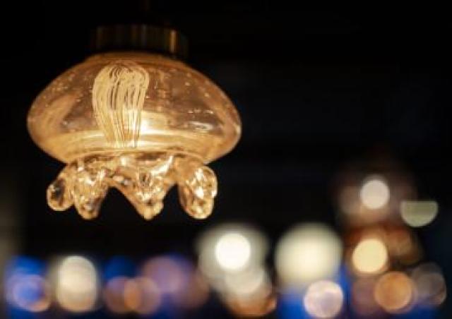 クラゲをモチーフにしたランプが館内を彩る