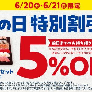 はま寿司で5％オフの「父の日 特別割引」実施中。6月20日までにWebから予約注文した人が対象だよ。