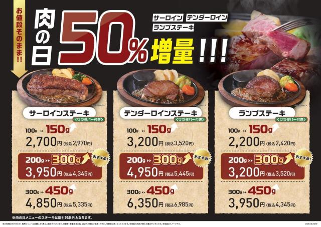 ステーキ3種類が値段そのまま50%増量！「ステーキのあさくま」の